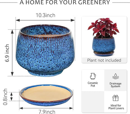 10.3 Inch Ceramic Planter with Saucer,Modern Garden Pots with Drainage Hole Mesh Net, for Indoor Outdoor Use (Speckle Blue)