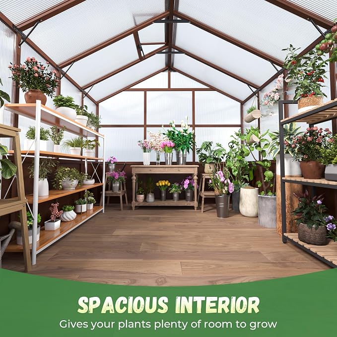 Jocoevol 8x10ft Outdoor Greenhouse, Wooden Frame Polycarbonate Greenhouse with Adjustable Roof Vents and Lockable Door Handle, Walk-in Greenhouse Perfect for Backyard and Garden