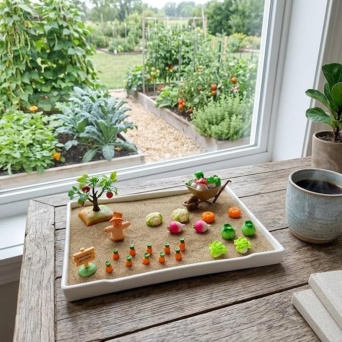 Zen Garden for Desk, Vegetable Sand Tray Kit with Miniatures | Create and rearrange a miniature harvest scene with fine sand, garden figures, tools, and mushroom tic-tac-toe pieces