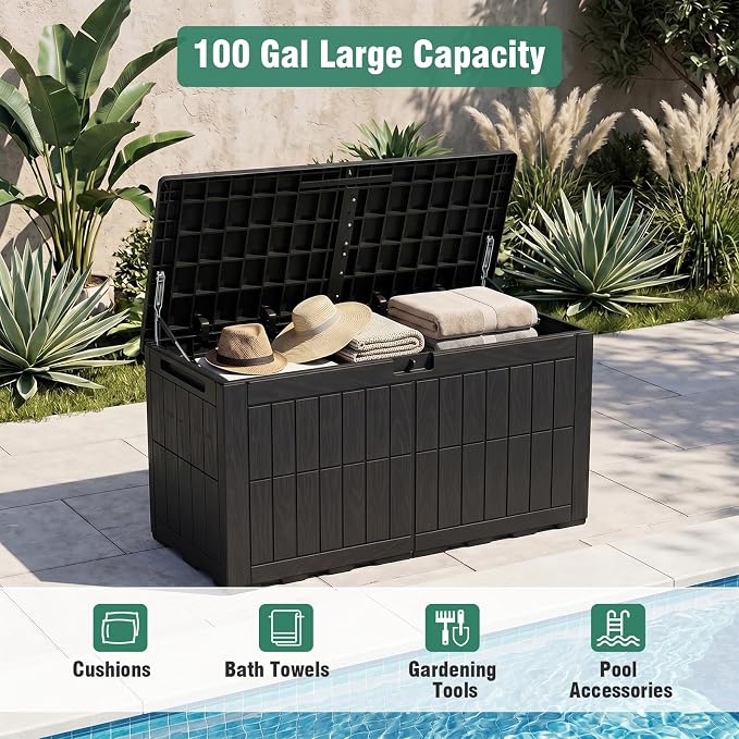 Tangkula 100 Gallon Outdoor Storage Box, Waterproof PP Resin Patio Storage Box with Lockable Lid for Indoor & Outdoor Use, 2-in-1 Rattan Design Deck Box for Cushions, Garden Tools