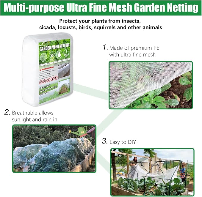 SnugNiture 3 Pack Garden Netting 10x33FT Ultra Fine Mesh Mosquito Netting Plant Covers, White Bird Netting Barrier Greenhouse Row Cover Protect Fruits Flower Vegetables from Birds Deer & Squirrels
