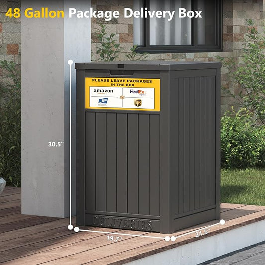 LHBGO Package Delivery Box for Outside with Sign, 48 Gallon Storage with Lockable Secure, Large Double Wall Resin Outdoor Package Delivery Waterproof
