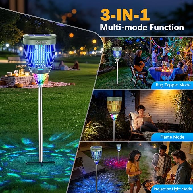 All in 1 Solar Bug Zapper Outdoor, Flame & Projection Mode, Auto/Manual Modes, 4200V Electric Mosquito Killer with High Powered, IPX5 Waterproof Rechargeable Fly Insect Trap for Patio Garden Yard RV