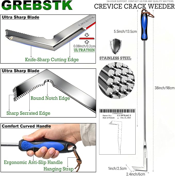 GREBSTK Crack Weeder Crevice Weeding Stainless Steel Sharp Tool, 38 in | Razor-Sharp Rust-Resistant L-Shaped Blade, Comfortable Non-Slip Handle, for Patio Cracks, Driveway Gaps, Walkway Edging