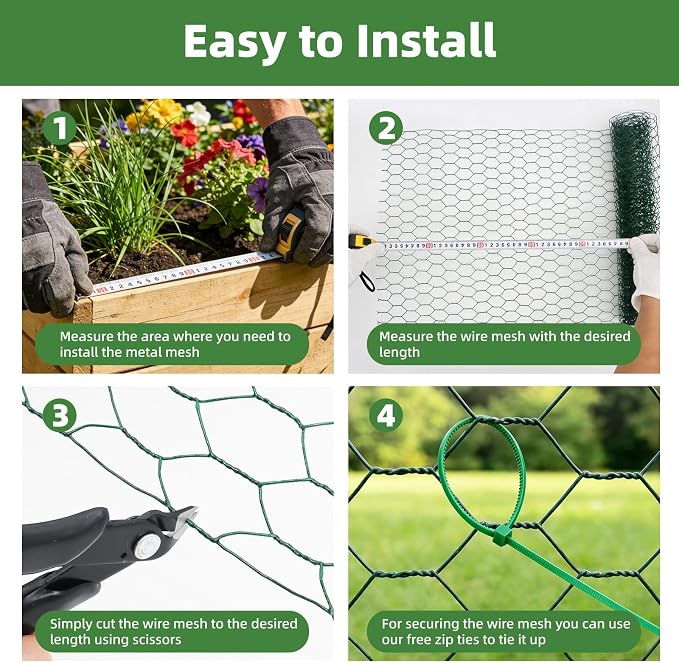Chicken Wire for Floral Arrangements - Hexagonal Galvanized PVC Coated Poultry Wire Mesh Netting with Gloves, Wire Cutter & Zip Ties for Crafts, Poultry, Gardening Fence (15.7 x 393 lnches)