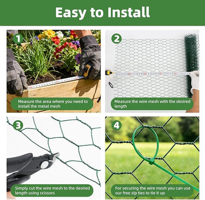 Chicken Wire for Floral Arrangements - Hexagonal Galvanized PVC Coated Poultry Wire Mesh Netting with Gloves, Wire Cutter & Zip Ties for Crafts, Poultry, Gardening Fence (15.7 x 393 lnches)