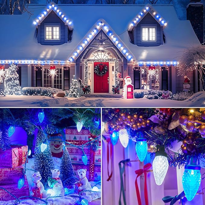 Brightown C9 Christmas Lights Outdoor 2 Pack, Total 162ft 200LED Blue&White | with Timing & Memory, 8 Modes, Connectable, Waterproof - C9 Christmas Lights for Indoor Outside Tree Home Yard Decoration
