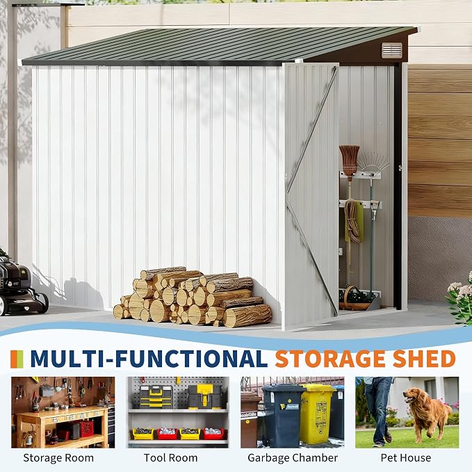 GarveeLife 4×8 ft Lean to Storage Shed, Heavy-Duty Outdoor Metal Storage Shed, Garden Tool Metal StorageHouse W/Lockable Door and 2 Air Vents