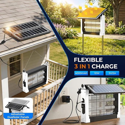 Solar Bug Zapper, 4500V Mosquito Zapper Outdoor Waterproof with Dual Solar Panel, USB Rechargeable Mosquito Killer, Cordless Fly Insect Zapper Waterproof for Patio Yard Garden Home Camping