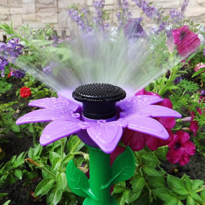 Melnor 65194AMZ Daisy Multi-Adjustable Spike Sprinkler Kit, Covers Up to 1,800 Sq. Ft., 3 Adjustable Sprinklers, 2 Included 15-Ft. Hoses, Quick Connect Bundle, Green, Orange, Pink, Yellow