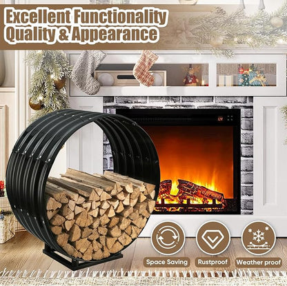 Round Heavy Duty Firewood Rack – Galvanized Wave-Shaped Steel with 4 Sturdy Legs – 0.8mm Thick Black Coated – Indoor or Outdoor Wood Holder for Fireplace,Patio & Deck Fire Pit (2.7FT Diameter+Base)