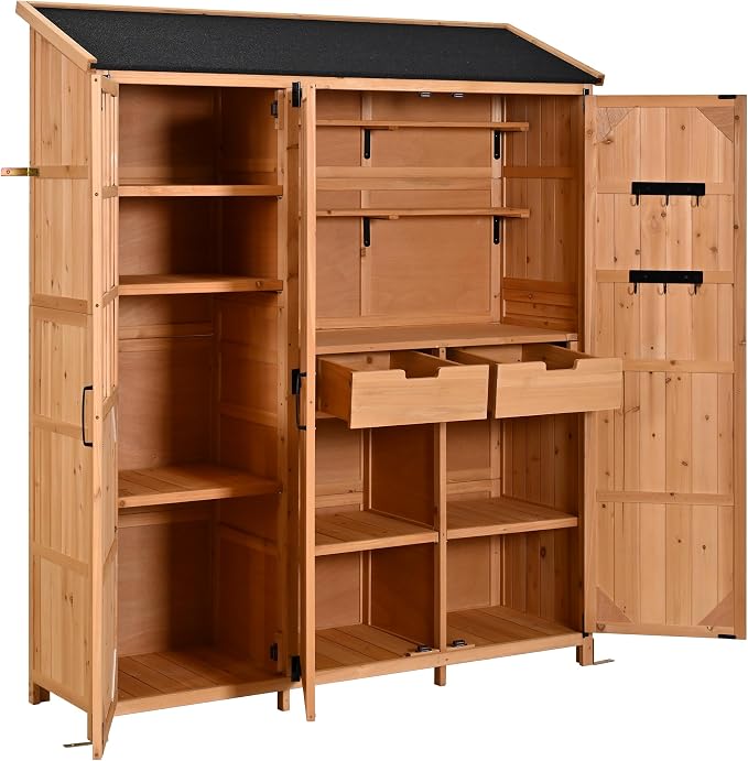 Merax Outdoor Wood Large Patio Garden Storage Shed with Waterproof Roof, 3 Doors Storage Cabinet with Workstation, 7 Storage Shelves, 2 Drawers and 6 Hooks for Backyard, Natural