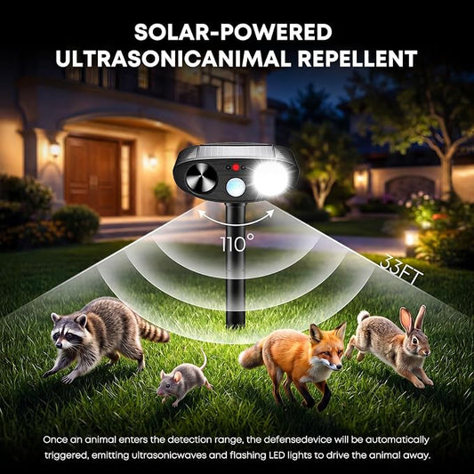 2026 Upgraded Solar Ultrasonic Animal Repeller Outdoor, Sonic Fortress Pro Deer Repellent with Motion, Waterproof,Cat Deterrent for Garden Yard, Squirrel Raccoon Skunk Rabbit Dog Bird (Black, 4)