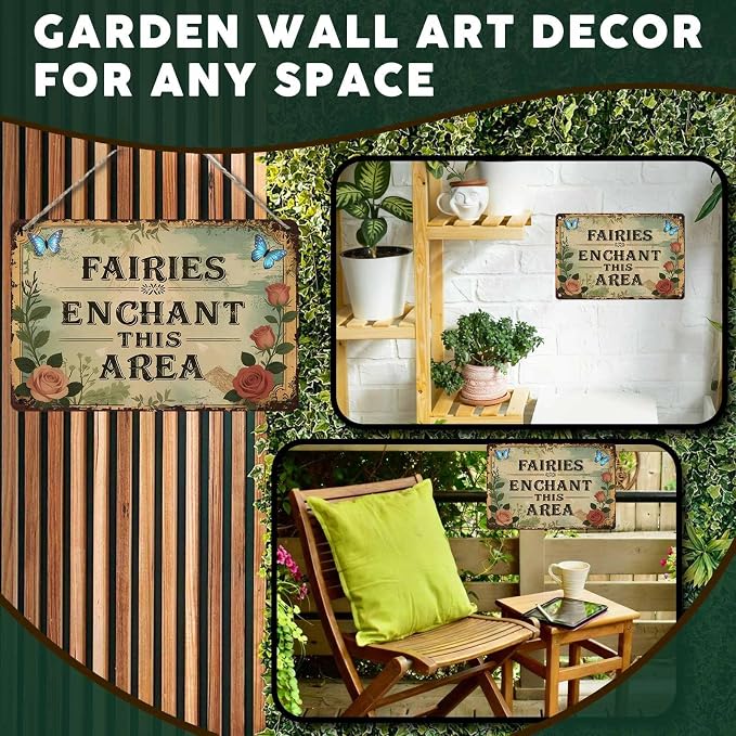 PEACHGARDEN Fairy Whimsical Metal Tin Sign Enchanted Fairy Vintage Wall Art Decor for Garden Patio Yard Plant Room Greenhouse She Shed 8x12 inch