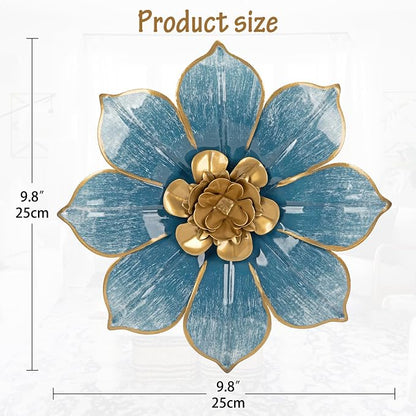 10" Metal Flowers Wall Decor, Blue & Gold 3D Floral Metal Wall Art Decor for Inoor & Outdoor Use, Vintage & Modern Walls Arts for Bathroom, Living Room, Bedroom, Office, Garden, Patio, Porch, 1 Piece