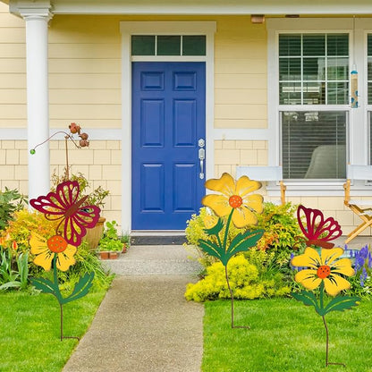 3 Pack Butterfly&Flower Metal Flowers for Outside & Decorative Garden Stakes - Metal Yard Art Outdoor and Garden with Rustproof Design | Spring Lawn Ornaments for Porch,Backyard，Patio