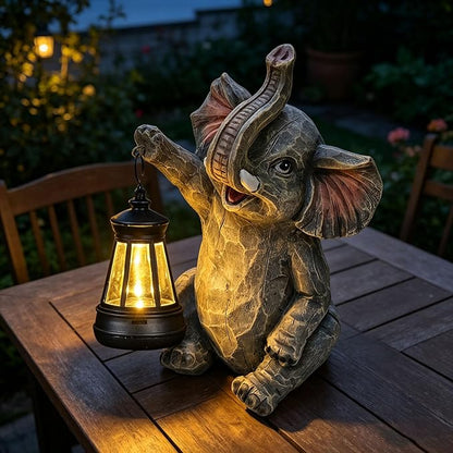 Solar Garden Statue Outdoor Elephant Decor Lights, Figurine with Solar Lantern, Yard Decorations for Patio Porch Home, Christmas Elephant Gifts for Women - Unique Housewarming Gifts