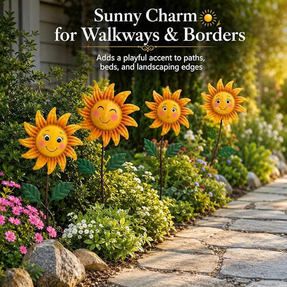 4 Pack Smiley Sunflower Decorative Garden Stakes, 20.5 Inch Metal Flower Garden Stakes for Outside, Yard Art Outdoor Decor for Lawn Planter Porch Patio