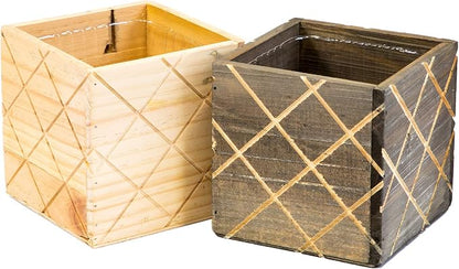 Wood Planter Box with Diamond Cross Hatch Style, 5 Inch Square, Rose Wood, Plastic Liner, Wedding Flowers Holder, Home and Venue Decor (5x5 Diamond Cross Hatch Set of 4, Rose Wood)