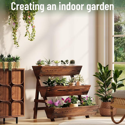 3-Tier Vertical Wooden Raised Garden Bed, Freestanding Garden Planter Box, Wood Flower Rack, Planter Box for Herbs, Vegetables, Outdoor Indoor Use, Large-Brown, Large-Carbonized