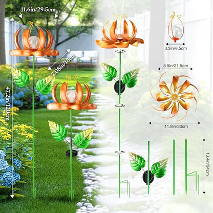 Solar Yard Lights Wind Spinners- Metal Lotus Flower Garden Decor LED Crackle Glass Globe Yard Art Sculpture Solar Stake Lights for Patio Pathway Lawn Walkway (Yellow-Large)