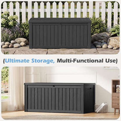 Outdoor Storage Box, 150 Gallon Resin Deck Boxes Outdoor Waterproof For Patio Furniture, Garden Tools, Pool Supplies, Lockable And UV Resistant (Striped Black)