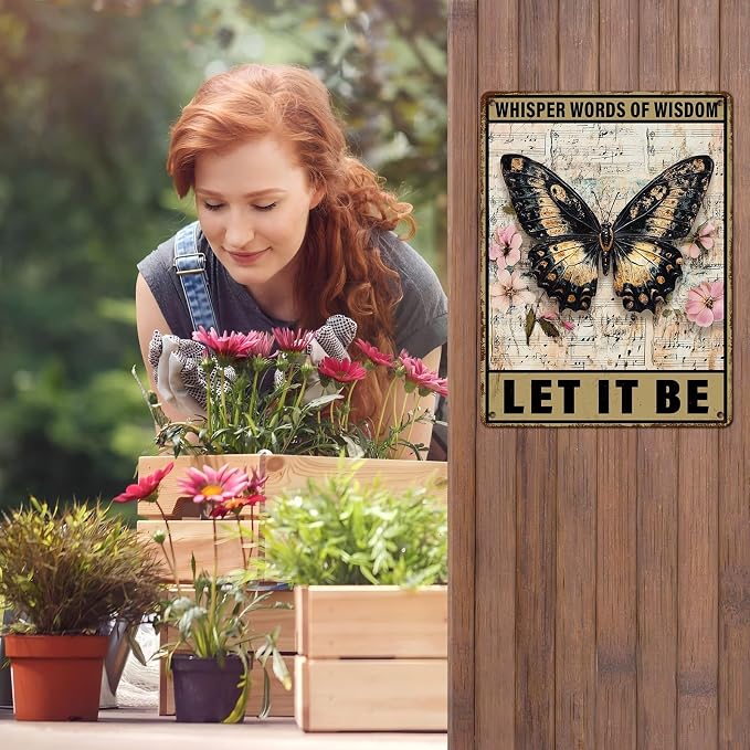 Vintage Tin Sign Whisper Words of Wisdom Let It Be Butterfly Tin Sign for for Kitchen Home Office Bar Cafe Decor 12 * 16inch