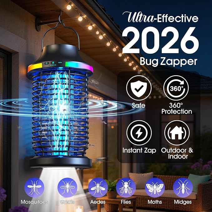 Bug Zapper Outdoor Cordless, 2026 Upgraded 4200V Electric Mosquito Zapper 5 in 1 Rechargeable Bug Zapper Outdoor Waterproof with 5000mAH Battery, Portable Fly Zapper Insect Zapper for Patio Camp