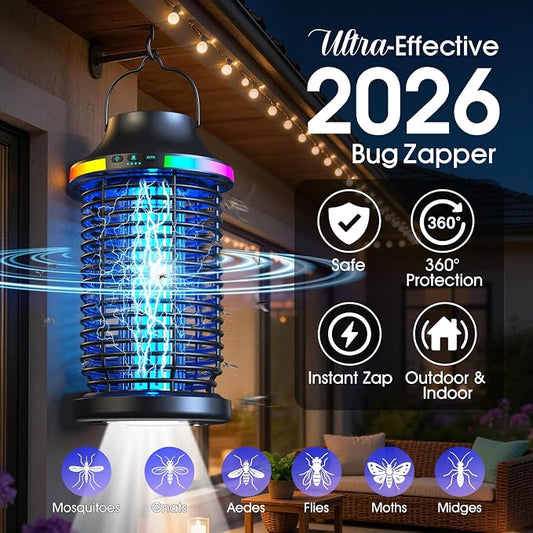 Bug Zapper Outdoor Cordless, 2026 Upgraded 4200V Electric Mosquito Zapper 5 in 1 Rechargeable Bug Zapper Outdoor Waterproof with 5000mAH Battery, Portable Fly Zapper Insect Zapper for Patio Camp