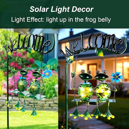 HONGLAND Solar Lights Outdoor Waterproof, Frog Swing Garden Decor, Frog Decorative Stake with Welcome Sign Landscape Patio Yard Gifts for Women Mom (48 inch)