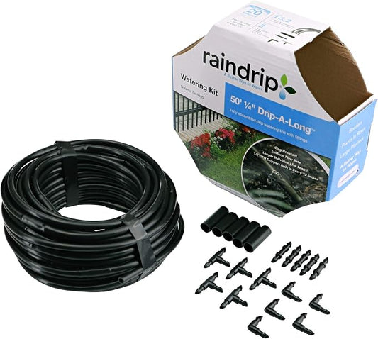 Raindrip R280DT Drip-A-Long1/4 in. Dripline Kit includes 50 feet of 1/4-Inch Dripline preassembled with 1/2 GPH drippers, 5 Barbed Tees, 5 Barbed Elbows, 5 Barbed Couplings, 5 End Plugs