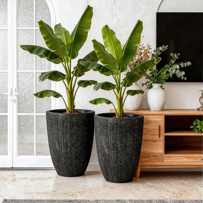 2-Pack 19" Black Resin Tall Round Planters with Fluted Texture | Set of 2 resin tall planters with black fluted texture, drainage plugs, and UV-resistant finish for porch or patio