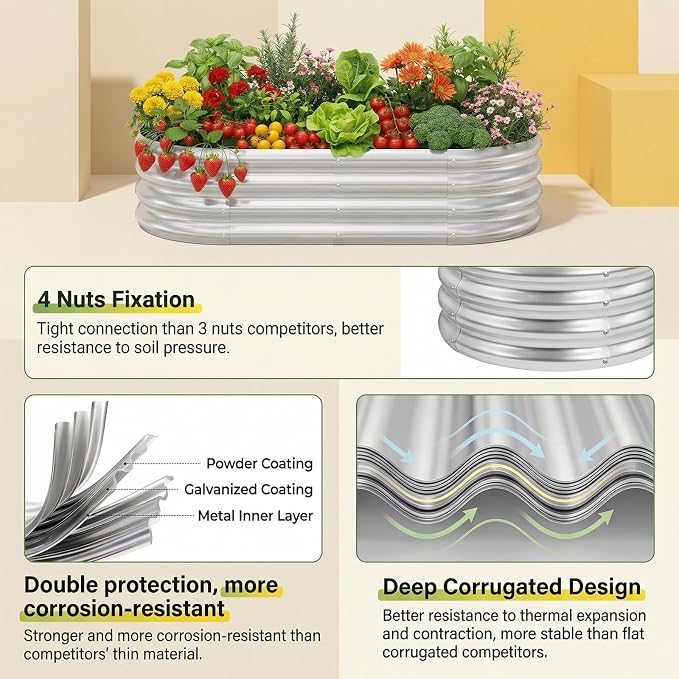 Land Guard 2 Pack 4×2×1ft Galvanized Raised Garden Bed Outdoor, Heavy Duty Bottomless Metal Raised Planter Box for Vegetables, Flowers, Herbs, Backyard Patio Gardening, Silver