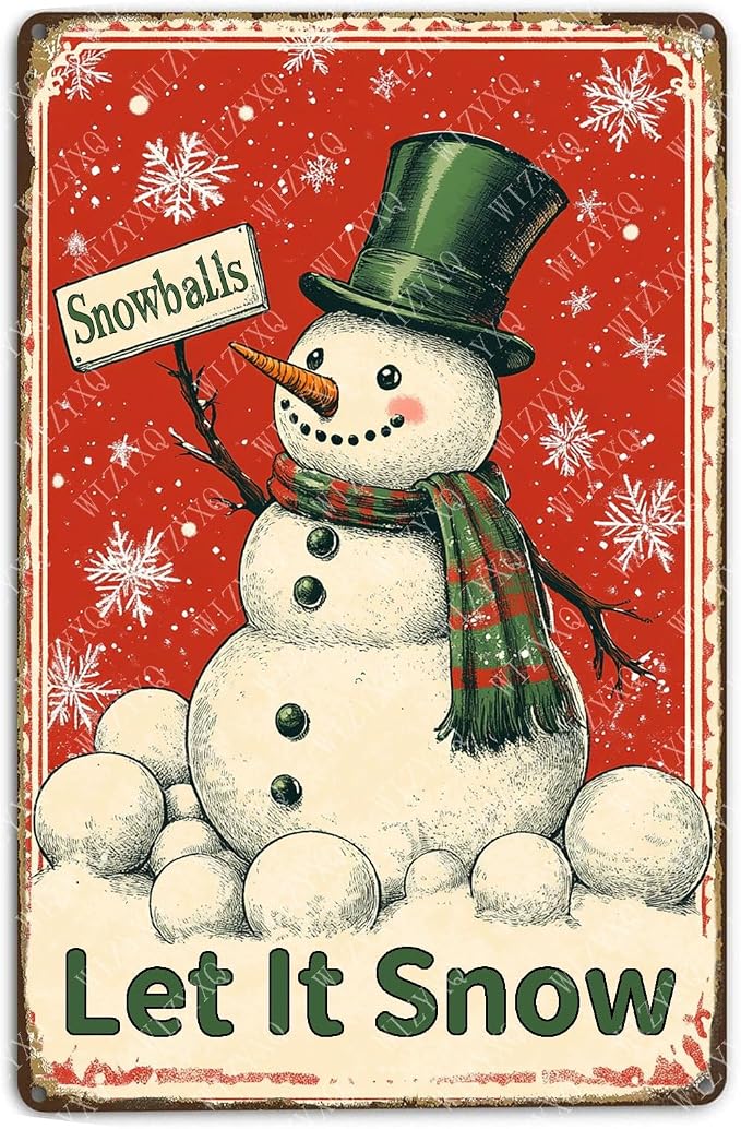 Snowman Tin Sign Vintage Winter Sign Snowflakes Snowballs Aluminum Metal Sign for Home Bar Outdoor Yard Kitchen Farmhouse 12×8 Inch
