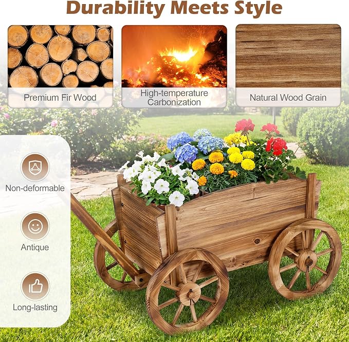 Giantex Wood Wagon Planter Set of 2, Rustic Rolling Flower Pot Stand with Wheels, Handle & Drainage Hole for Growing Vegetables Herbs, Indoor Outdoor Decorative Cart for Patio Balcony Garden