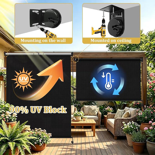 KANAGAWA Outdoor Roller Shade 9'X8' Black Exterior Cordless Patio Roll Up Shades for Outside Pergola Porch, Outdoor Blinds for Patio