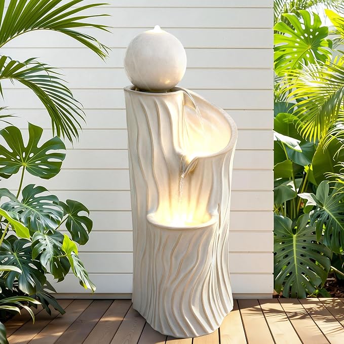 32" H Ceramic Outdoor Water Fountain with LED Lights, 3-Tier Cascading Sphere Water Feature, Tranquil Waterfall for Relaxing Garden, Patio, Yard, or Porch, Beige Glaze, Dynamic Wave-Texture