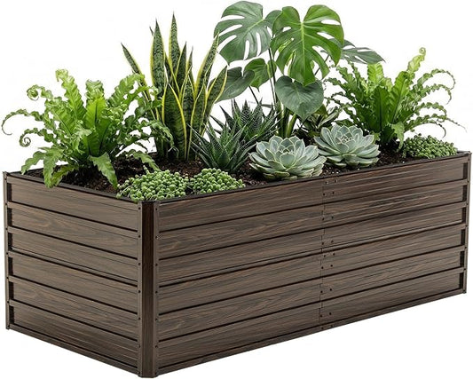 Galvanized Raised Garden Beds 6x3x2FT Outdoor Planter Boxes with Safety Edging and Gloves Metal Garden Bed Kit for Vegetables Flower and Fruits (Brown Wood Grain