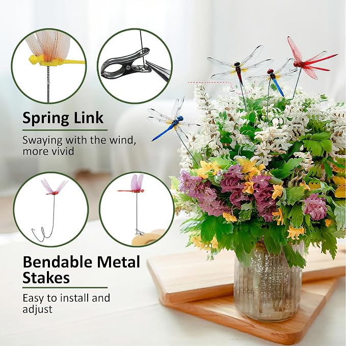 15 Pcs Dragonfly Garden Stakes with Clips, 3D Plastic Fake Dragonfly Garden Stakes with Pliersfor Yard, Patio Outdoor Decor & Indoor Plants Ornaments, Dragon Fly Hat Clip (5 Colors)