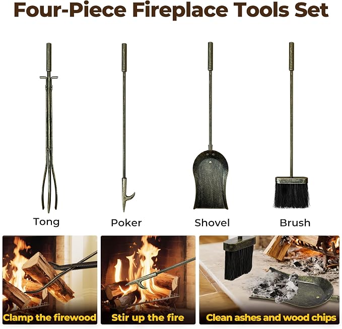 AMAGABELI GARDEN & HOME Firewood Rack Indoor with Tools 5-Piece Fireplace Tools Set Wood Holder Outdoor Wrought Iron Log Holder Firewood Storage Rack for Fireplace,Fire Pit,Wood Stove Bronze