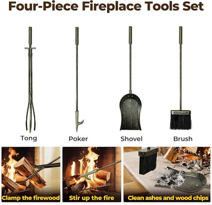 AMAGABELI GARDEN & HOME Firewood Rack Indoor with Tools 5-Piece Fireplace Tools Set Wood Holder Outdoor Wrought Iron Log Holder Firewood Storage Rack for Fireplace,Fire Pit,Wood Stove Bronze