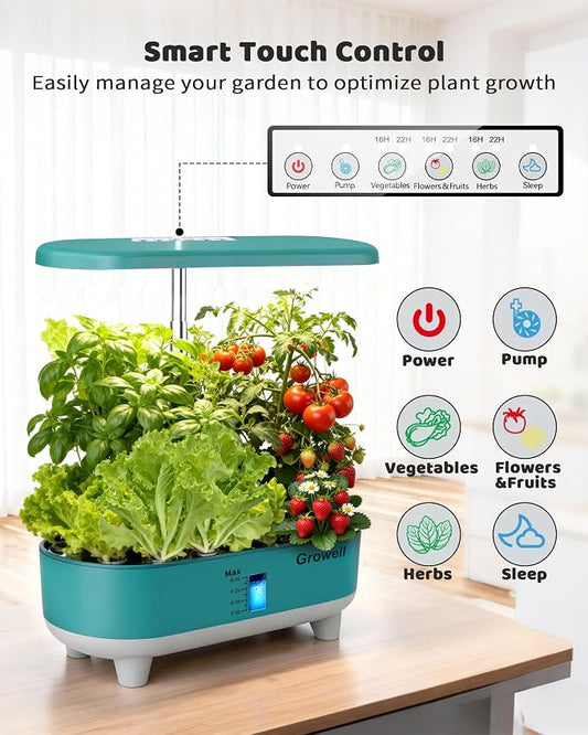Growell Hydroponics Growing System Kit, 16 Pods, Vertical 8L Indoor Gardening System for Herb Vegetable Fruit, Hydro Garden with LED Grow Light, Smart Water Circulation, 3 Light Modes & 2 Timer, Green