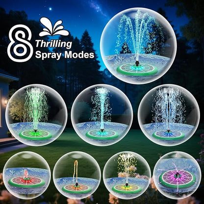 Solar Fountain UFO Style, 2026 Upgrade 5W Glass Solar Panel Bird Bath Fountain with LED Lights, 4000mAh Backup Battery, 7 Nozzles for for Garden, Pond, Pool, Patio Outdoor Water Feature