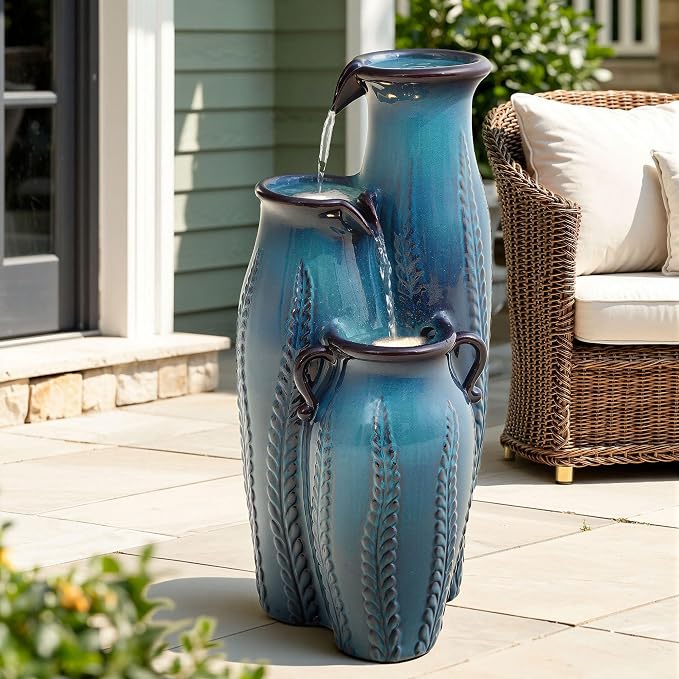 29.5" H Ceramic Outdoor Water Fountain with LED Lights, 3-Tier Vase Cascading Water Feature, Turquoise with Embossed Leaf Patterns, Tranquil Waterfall for Garden, Patio, Yard, or Porch