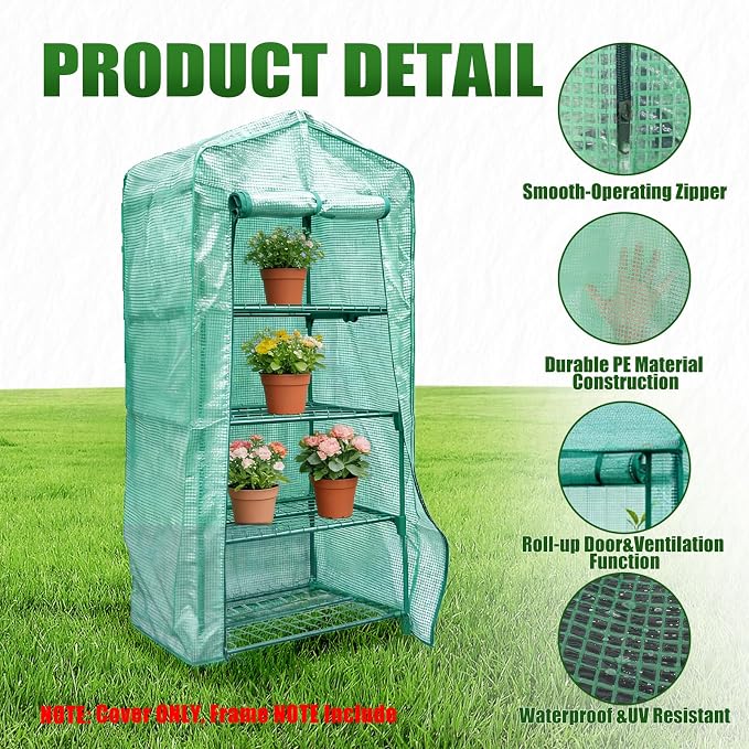 4 Tier Greenhouse Replacement Cover, 63" x 27.2" x 19.3"Greenhouse PE Cover with Roll-Up Zipper Door & Screen Ventilation, Waterproof UV Resistant Outdoor Greenhouse Cover (Frame Not Included)