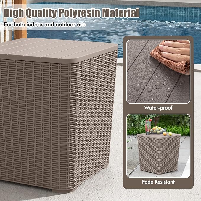 Tangkula 11.5 Gallon Water-proof Deck Box, Outdoor Patio Storage Box w/Removable Lid &, Faux Rattan Storage Container Side Table, All Weather Patio Furniture Extra Seat for Poolside (Brown)