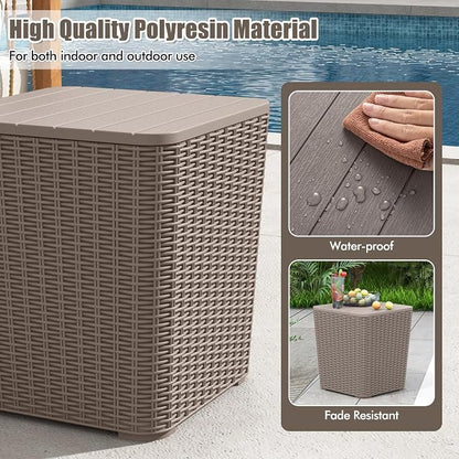 Tangkula 11.5 Gallon Water-proof Deck Box, Outdoor Patio Storage Box w/Removable Lid &, Faux Rattan Storage Container Side Table, All Weather Patio Furniture Extra Seat for Poolside (Brown)