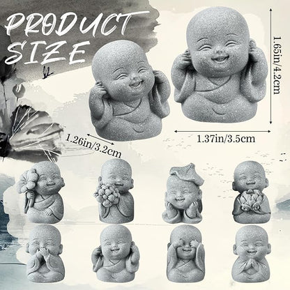 Hoteam 8 Pcs Laughing Buddha Statue Small Zen Monk Praying Sandstone Sculptures for Luck Feng Shui Decor Car Dashboard Home Living Room Office Desk Decor