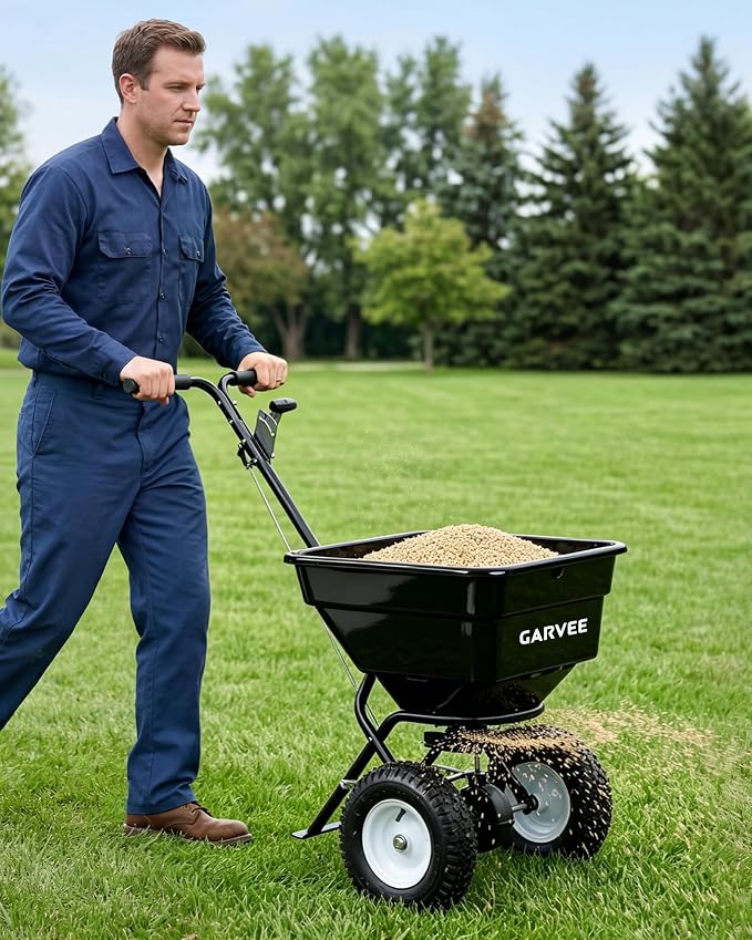 100LBS Push Broadcast Spreader, 12FT Spreading Width, 13in All-Terrain Wheels, Adjustable Flow Control, Heavy Duty Walk Behind Lawn Spreader for Fertilizer, Grass Seed, Ice Melt, Salt