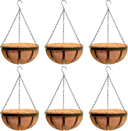 LaLaGreen Outdoor Hanging Baskets for Plants (12 Inch, 6 Pack) Medium Hanging Planter with Coco Liner, Flat Iron Metal Round Plant Flower Pots for Deck Patio Porch Garden Balcony Outside Decoration